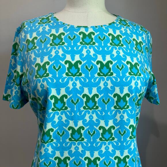 Talbots Ikat Blue & Cream Medallion Crewneck Cotton T Shirt Size M - Picture 5 of 8